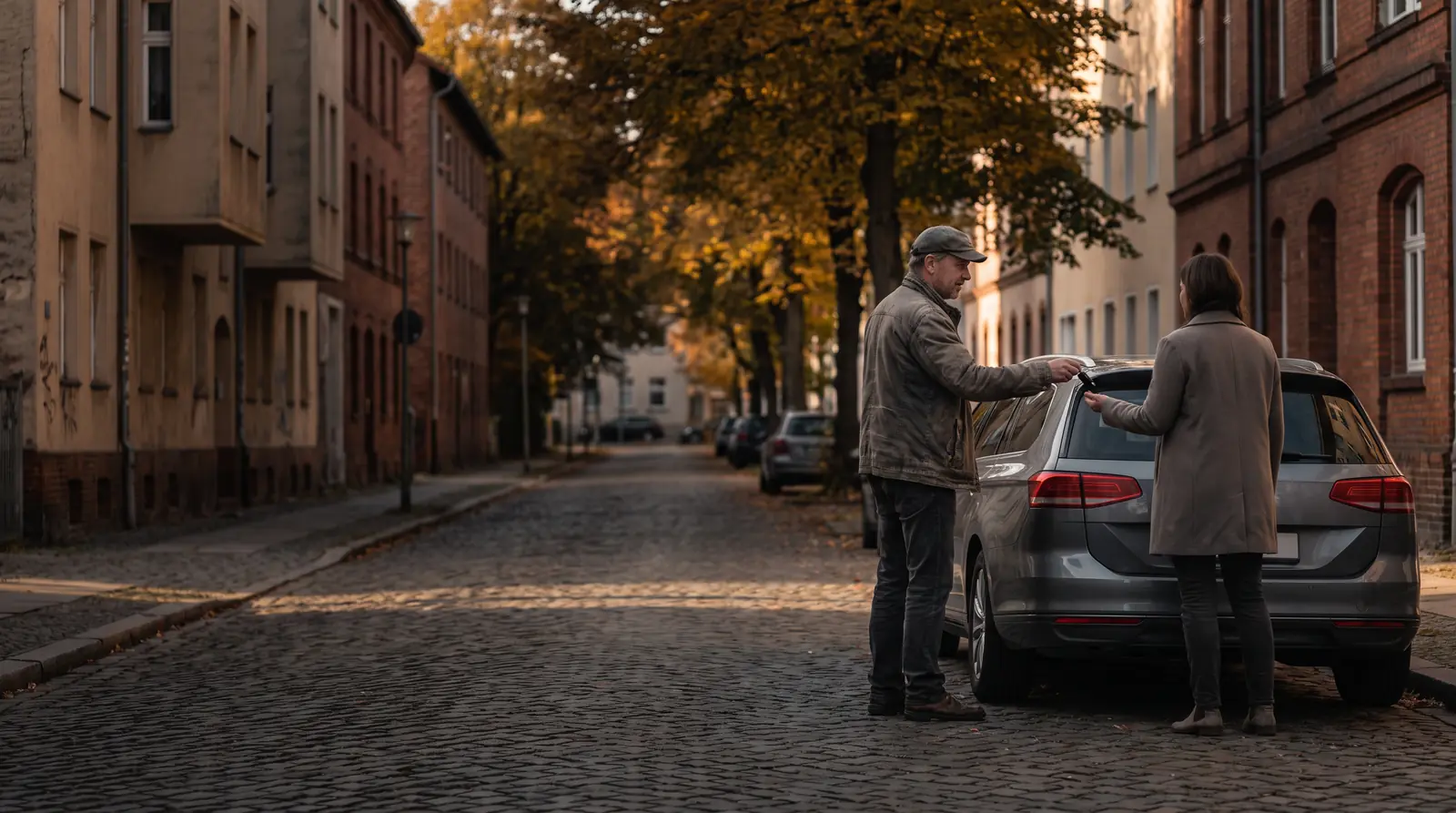 Symbolbild: Schlüsselübergabe an einem grauen Kombi in einer Wohnstraße mit Kopfsteinpflaster im Herbst